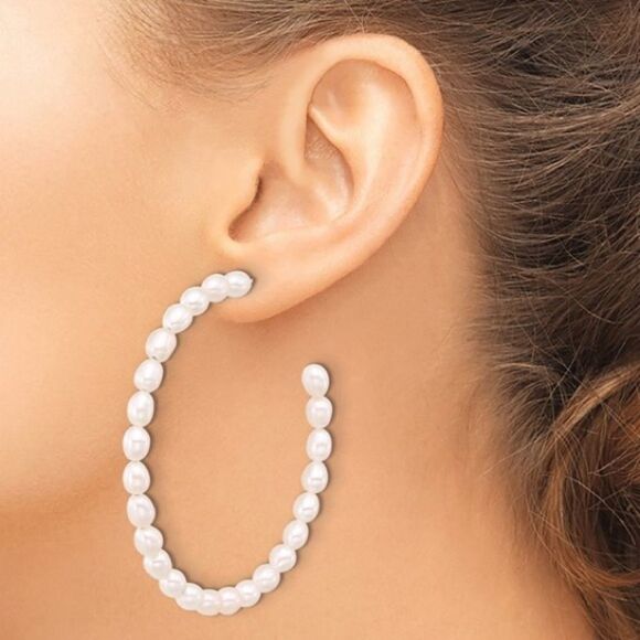 Exquisite Sterling Silver Rice Pearl C-Hoop Earrings: Timeless Elegance - Picture 7 of 9